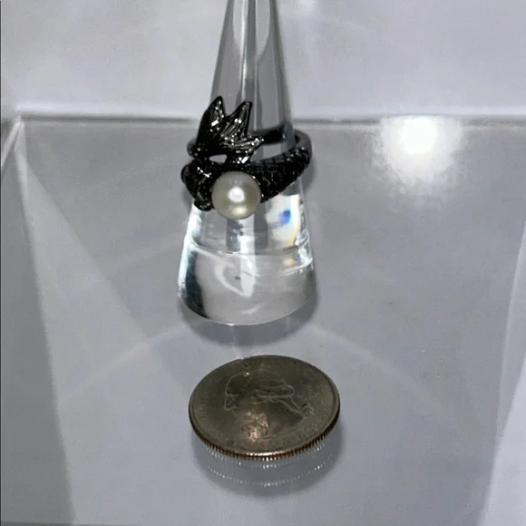 NWOT Gunmetal Plate Sterling Silver Koi Fish Ring With Genuine Pearl Boho - Picture 8 of 8